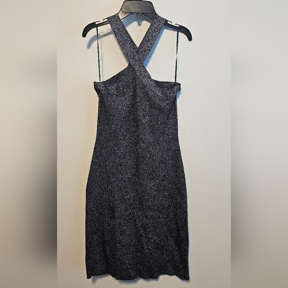 NWT House of Harlow 1960 Silver Metallic Knit Ribbed Halter Dress Medium